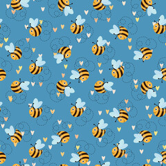 Seamless pattern with bees. Small wasp. Vector illustration. Design for invitation, cards, textile, fabric. Doodle style.