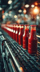 Bottles of tomato sauce in a production line at a food processing facility during daytime operations