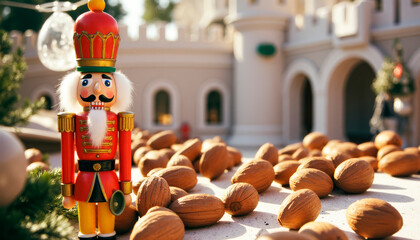 A charming Nutcracker soldier guards walnuts and a whimsical castle. A fairytale atmosphere of New Year and Christmas, Christmas Eve, magic and witchcraft.