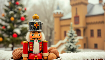 A charming Nutcracker soldier guards walnuts and a whimsical castle. A fairytale atmosphere of New Year and Christmas, Christmas Eve, magic and witchcraft.