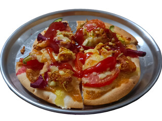Homemade chicken veggie pizza topped with cheese, tomatoes, onions, and capsicum, baked to perfection with golden crust and drizzled with tangy tomato sauce.