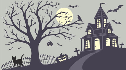 Halloween doodle silhouette with pumpkins, ghosts, candies, bats, coffins, spiders, spider webs, bones, and spooky elements in minimal black outline style isolated on light background