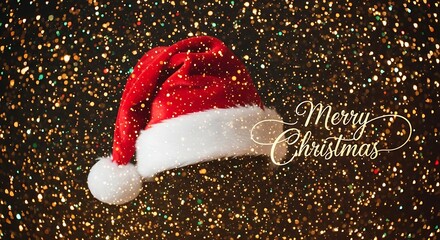 Festive santa hat on a dark background with golden glitter and merry christmas wishes for a magical holiday season celebration