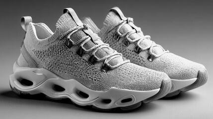 Stylish grey athletic shoes displayed in a minimalistic setting
