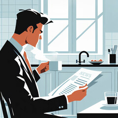 Businessman reading morning newspaper while drinking coffee