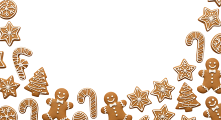 Gingerbread cookies frame isolated on transparent background, christmas decoration, copy space