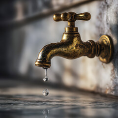 Old brass water faucet dripping
