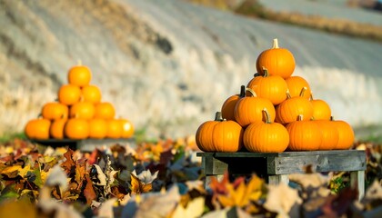 Pumpkins stacked in a fall setting
