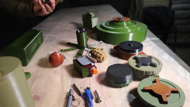Various types of mines, grenades and explosives on the table. Military engineering equipment, sapper training, tactical education during the war, demining study