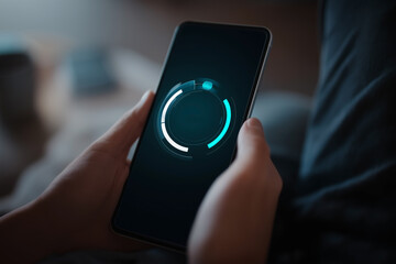 A person holding a smartphone with a circular loading indicator displayed on the screen. Technology, progress, and connection.
