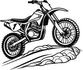 Motocross Bike Climbing Rocky Terrain, Black and White Illustration with Racing Number and Off-Road Detail