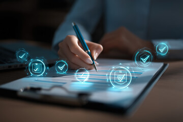 Compliance check: Woman verifies document with blue glowing checkmarks. Streamlined process for accuracy and efficiency.