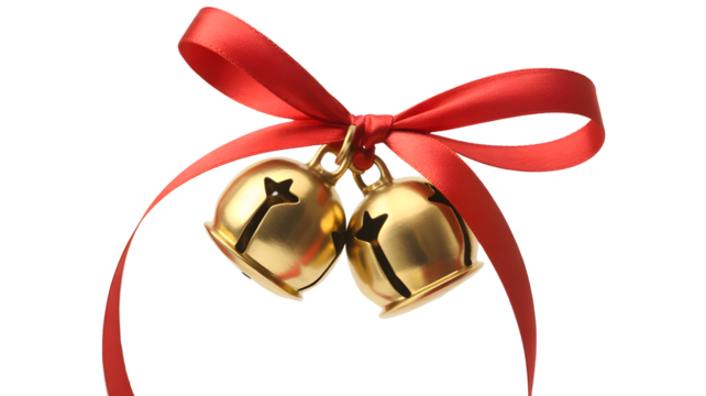 Two golden sleigh bells tied with a vibrant red ribbon and bow isolated on transparent background