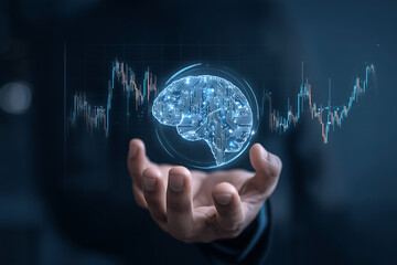 AI Brainpower: Hand holding a digital brain with data analytics chart, symbolizing intelligence and technological advancement.