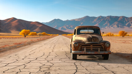 Obraz premium Vintage truck parked on a cracked desert road with mountains in the background