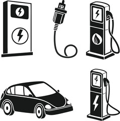 Electric and Fuel Vehicle Icons ,Black and White Vector Set Featuring Charging Stations, Fuel Pumps, and Car Symbol