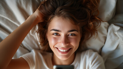 Fototapeta premium A beautiful young woman in bed, smiling as she turns off her smartphone alarm, captured in a top-down apartment view, top view wake-up happiness, young woman morning routine, smart