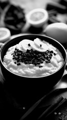 Delicious bowl of creamy rice pudding topped with chocolate and banana