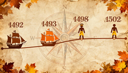 Timeline illustration showing ships and people from the years fourteen ninety two to fifteen oh two on parchment