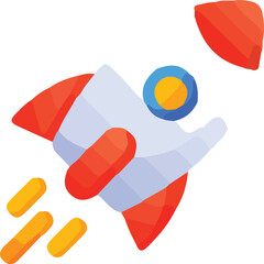 Stylized cartoon rocket ship in flight leaving orange exhaust trails