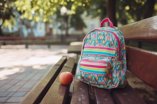 School backpack and apple on a park bench.  Bright sunlight and green trees make for a peaceful back to school season.