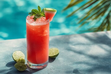Refreshing watermelon drink with mint and lime by a blue swimming pool on a sunny day with palm leaf shadows