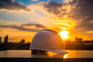 Construction safety helmet at sunset construction site safety equipment