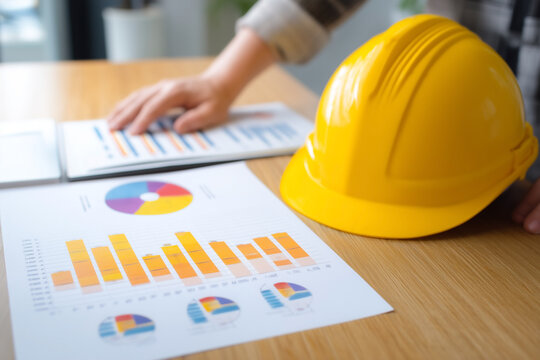 Construction Industry Insights: Analyzing data with safety gear, ensuring efficient project management. Data driven decisions for success.