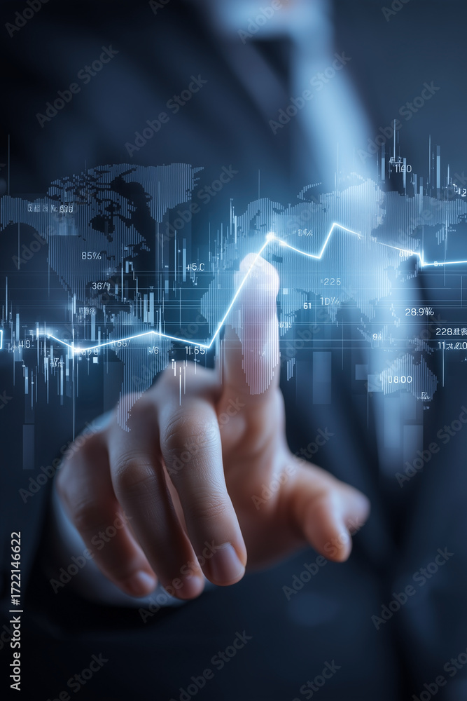 Aufkleber a man in a suit interacts with a futuristic interface displaying financial data and a world map, vis