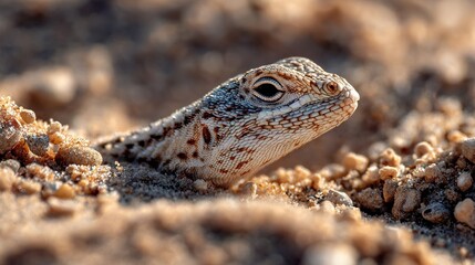 Naklejka premium A close-up photo of a lizard's face, partially concealed by dirt and mulch on the ground