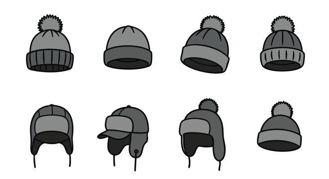 Collection of winter hats and caps illustration, isolated on white background, black and white outline