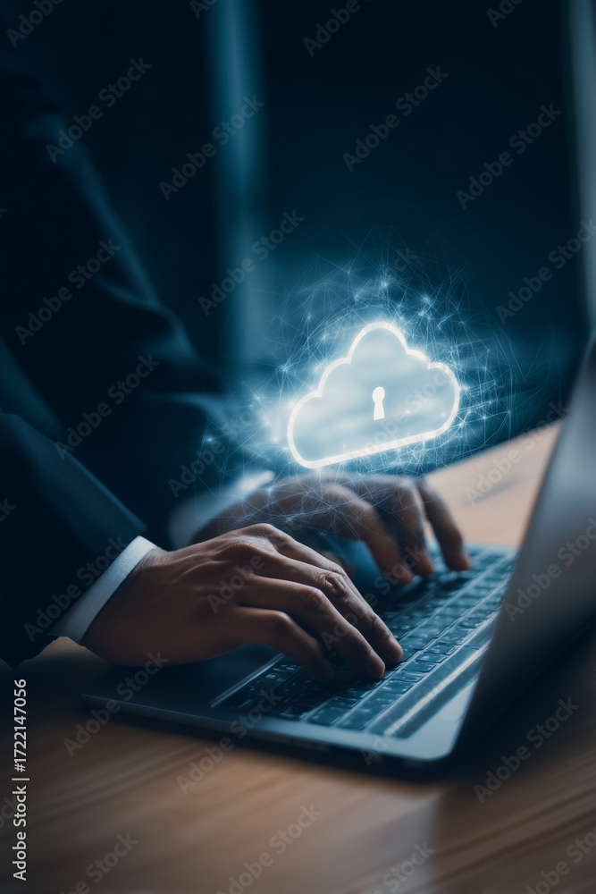 Poster cloud security: data protection with digital cloud icon and padlock for secure access. hands type on