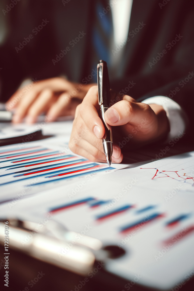 Aufkleber analyzing data with precision: a person reviews charts and graphs with a pen in hand, focusing on bu