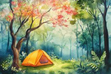 Watercolor painting of a camping tent in the forest with trees and foliage during the daytime scene