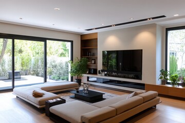 Modern minimalist living room with large screen tv