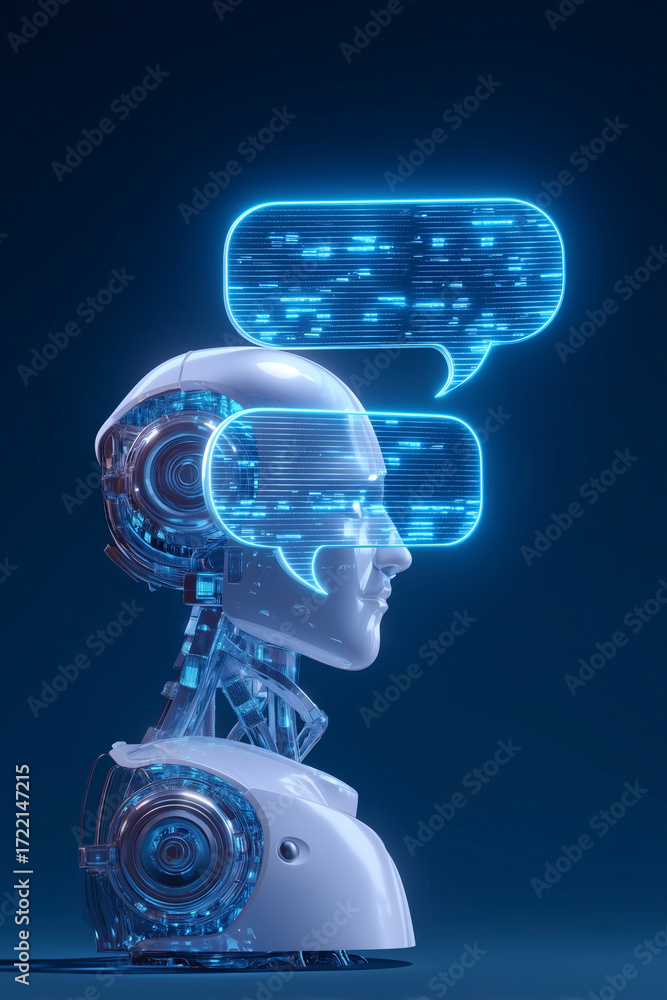 Poster futuristic ai chatbot with glowing speech bubbles. modern robot design suggests advanced communicati
