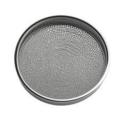 Circular metal sieve on white, textured background, close-up