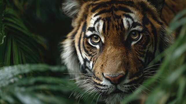   A close-up of a tiger's face surrounded by lush greenery, including leaves and grass