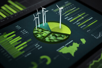 Renewable Energy Data: Visualizing wind power and sustainability through charts, pie graphs, and green energy initiatives on a screen.