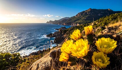 Coastal sunset with yellow flowers