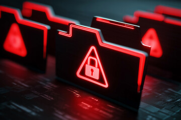 Red Illuminated Folders with Lock Symbol: Data Breach Warning, Emphasizing Cybersecurity Risks and Digital Information Protection.