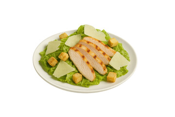 Healthy grilled chicken Caesar salad, parmesan, transparent background.