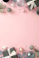 Merry Christmas concept. Stylish holiday flat lay with wrapped gifts, glitter silver ornaments, and snowflakes on pink background. Vertical banner template.