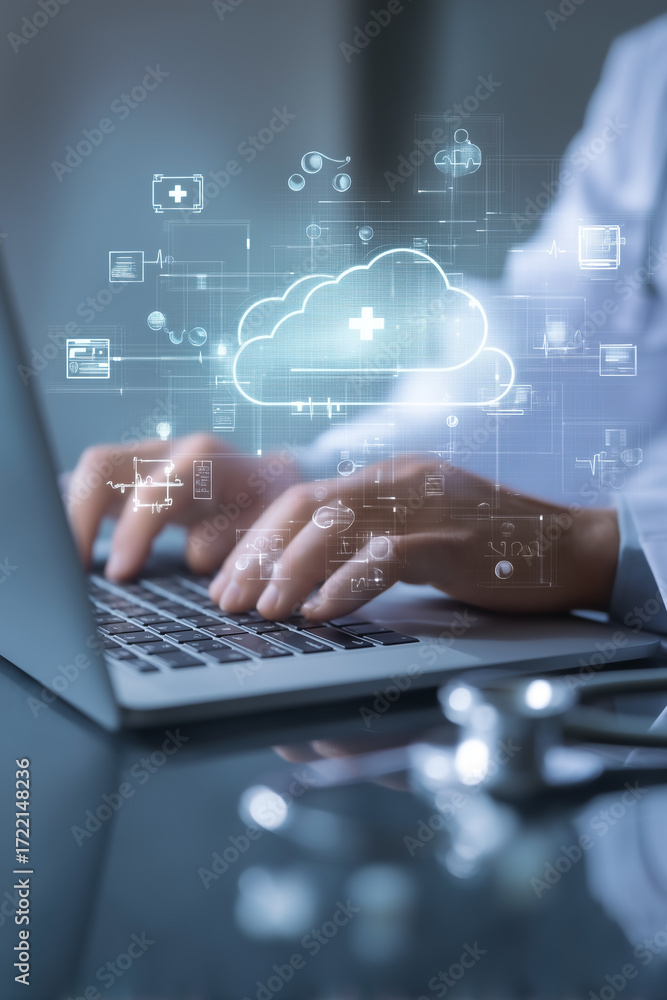 Aufkleber doctor using cloud-based healthcare services on a laptop. data is stored in the cloud with virtual h