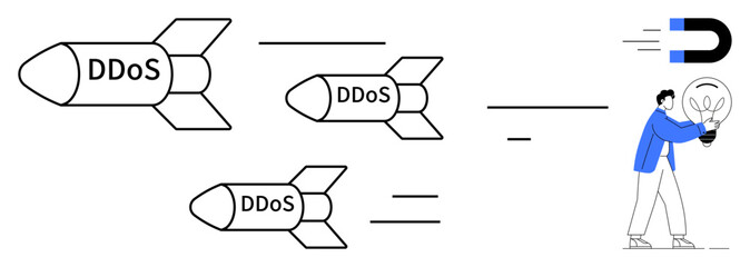 Person safeguarding a lit bulb from labeled DDoS rockets, symbolizing cyber defense. Ideal for cybersecurity, innovation, protection, problem-solving, DDoS mitigation, data integrity, digital safety