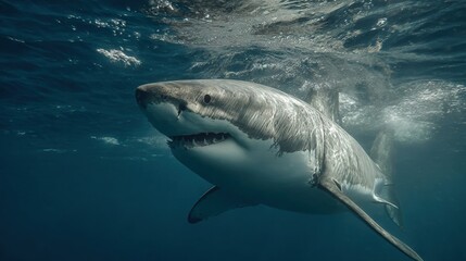 Fototapeta premium A great white shark swims under the surface of the water, with its mouth open wide
