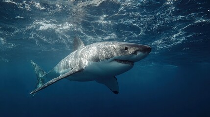 Fototapeta premium A great white shark glides through the surface of the open sea, its mouth agape