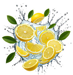 Juicy lemon slices splashing in water, vibrant background