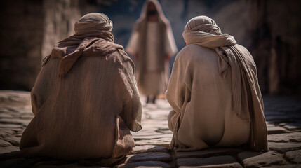 At the city gate in the morning, two blind men sit patiently on the steps, hoping for mercy and aid, while early sunlight casts long shadows on bustling streets around them..