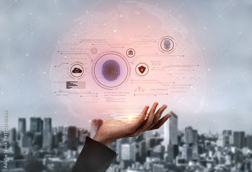 Poster biometric identity system using fingerprint and facial recognition to secure cloud access, protect s